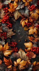 Fototapeta premium Autumn Leaves and Red Berries on a Dark Textured Background: Seasonal Nature Display.