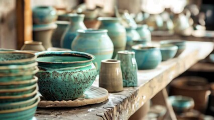 Collection of handcrafted pottery pieces with turquoise glaze on shelves
