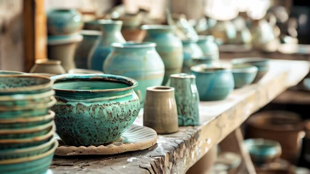 Collection of handcrafted pottery pieces with turquoise glaze on shelves