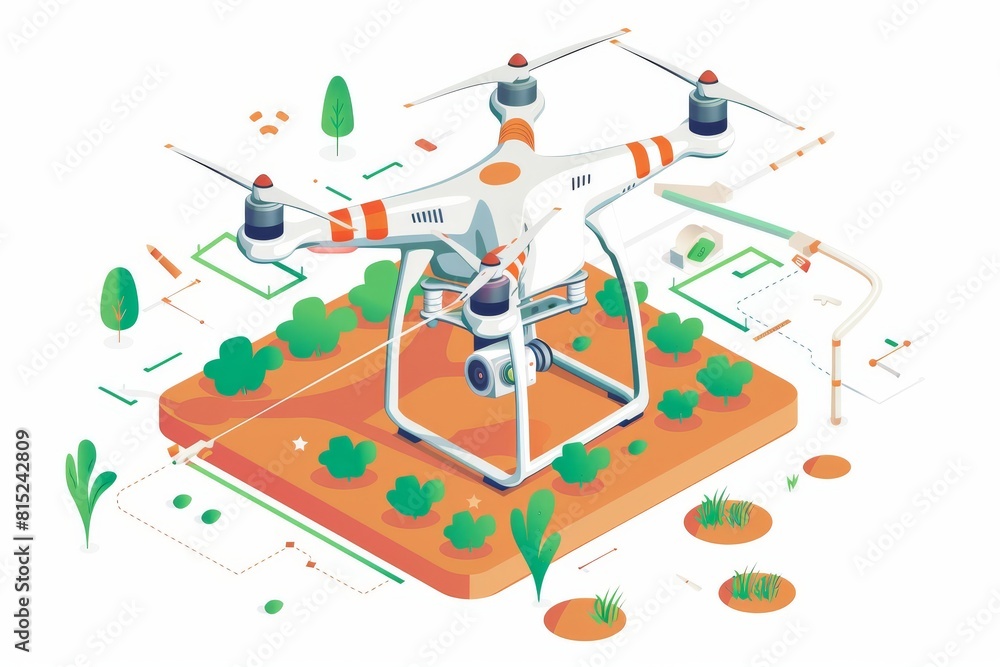Poster isometric vector integrates soil management into modern farming practices using aerial drone surveil