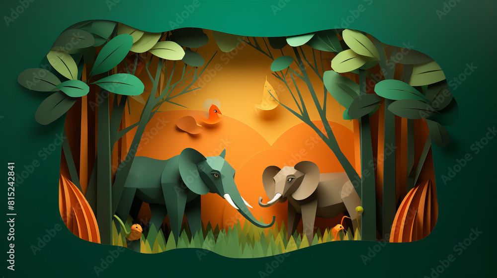 Poster two elephants are standing in a forest with a bird flying above them