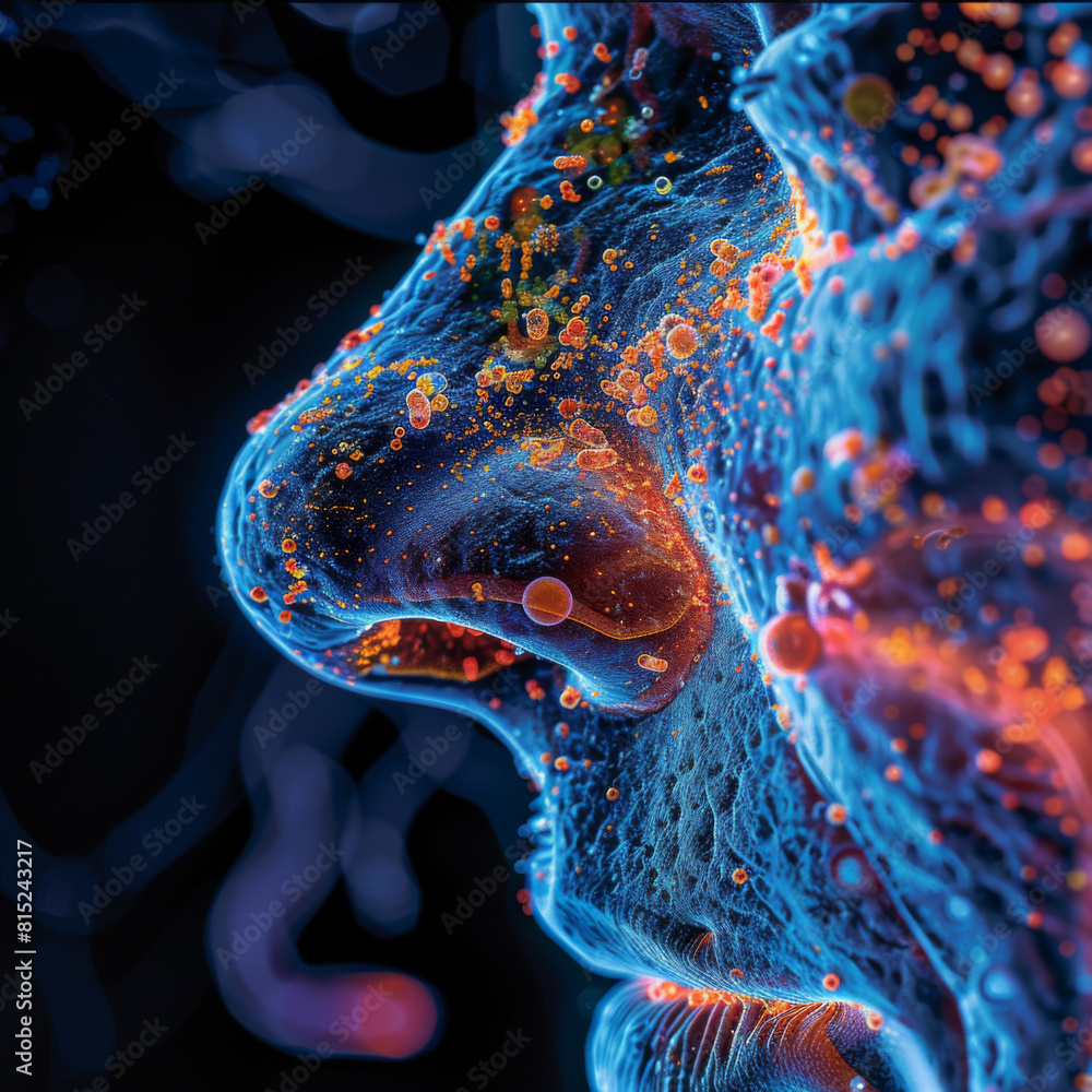 Poster abstract biotechnology concept showing a colorful detailed visualization of a virus particle.
