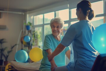 Fototapeta premium A physical therapist helps a senior woman with her rehabilitation exercises.