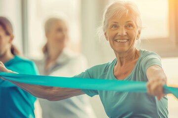 Senior woman exercising with resistance band in group fitness class
