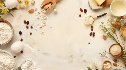 Baking theme: eggs, flour, milk, vanilla, raisins, nuts, sugar, butter - on a light background with white flowers, with space for text