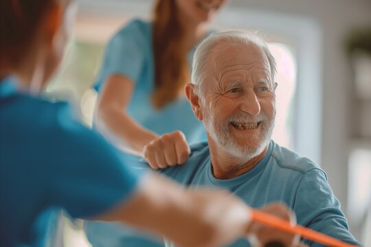 Smiling senior man exercising with resistance bands while being assisted by a young woman physical therapist