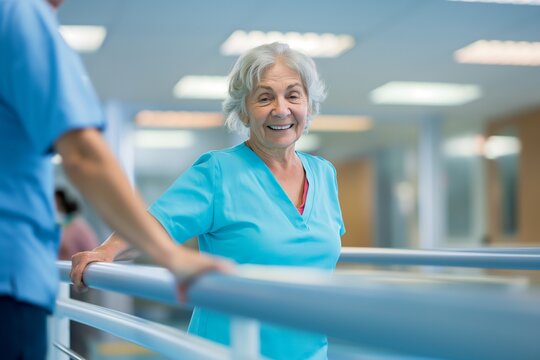 Smiling senior woman using parallel bars during physical therapy