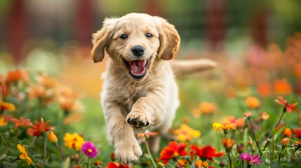 A happy, playful puppy running through a field of colorful flowers. Sharp focus, high detail, crisp edges, 8k resolution. Rule of thirds composition,