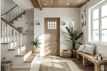 Scandinavian interior design of modern entrance hall with grid door, staircase and rustic wooden accent pieces
