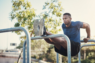 Black man, bar and dips in exercise park for calisthenics workout for arm strength, wellness or...