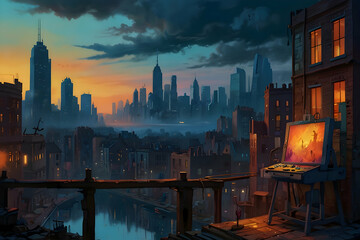 An 8k image of A vibrant dystopian cityscape with whimsical, surreal elements on a boy’s easel, Highly Details, High illustration 