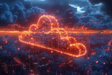 Digital cloud filled with binary code, floating over a cityscape, clear copy space around, dusk lighting