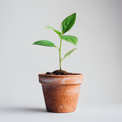 A small plant is in a pot. The pot is brown and has a few cracks