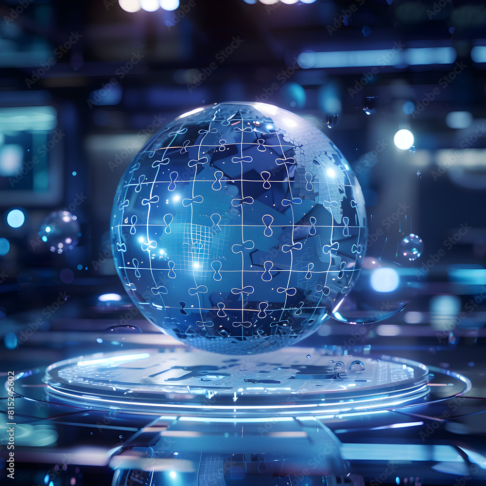 Wall mural a blue globe with a puzzle design on it. the image has a futuristic and technological feel to it