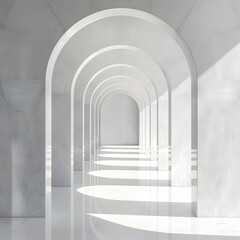 The image is a long, narrow hallway with white walls and a white ceiling. The hallway is illuminated by sunlight, creating a bright and airy atmosphere. The arched ceiling adds a sense of grandeur
