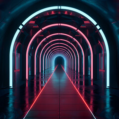 A long, dark tunnel with neon lights on the walls. The lights are red and blue