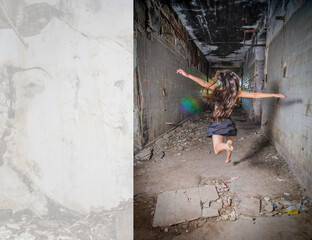 Adolescent Girl Jumping with Joy Amidst Dark Ruins and Eerie Doll
