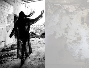 Adolescent Girl Jumping with Joy Amidst Dark Ruins and Eerie Doll