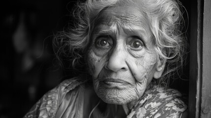 cultural heritage, in a bustling citys serene corner, an elderly indian woman exudes wisdom and strength through her wrinkled face, a vessel of treasured ancestral tales