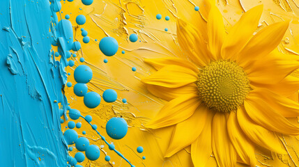 Abstract background with sunflower and blue paint splashes in yellow and blue