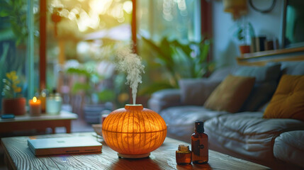 wellness retreat amenities, a serene diffuser with essential oils at a wellness retreats cozy corner, fostering relaxation and enhancing well-being