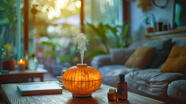 wellness retreat amenities, a serene diffuser with essential oils at a wellness retreats cozy corner, fostering relaxation and enhancing well-being