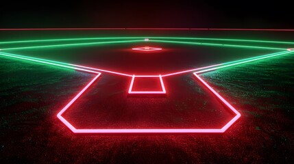 A 3D render of glowing neon baseball field on black background, in the style of electric green and...
