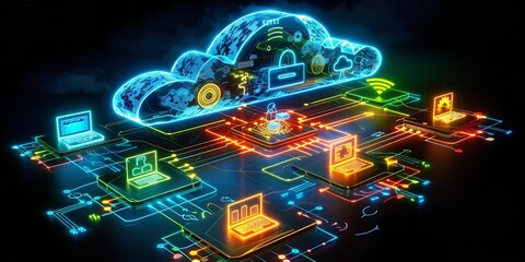 A cloud hosting multiple computers, illustrating cloud computing technology and connectivity in the digital world