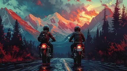 Fototapeta premium Two men on motorcycles are riding down a road with mountains in the background