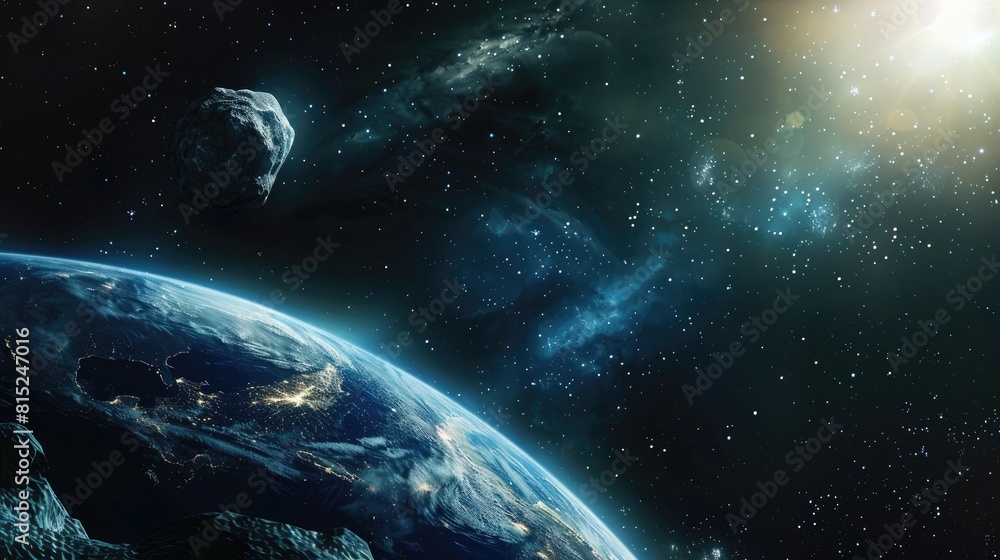 Poster a massive asteroid hurtling through space towards earth poses a potential threat this cosmic scene f
