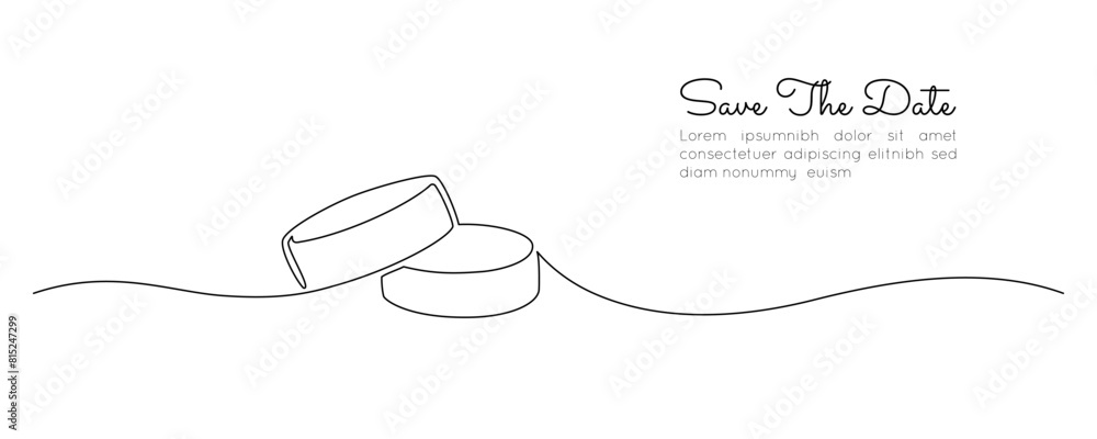 Poster Wedding rings in one continuous line drawing. Love and romantic concept and symbol of proposal engagement for invitation in simple linear style. Editable stroke. Doodle contour vector illustration