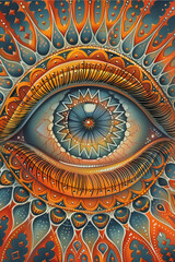 Obraz premium Colorful closeup of an eye, open ajna third eye poster, awaken consciousness and awareness, beautiful journey to inner self and spirituality, surrealistic painting 