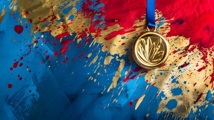 A gold medal hanging on the ribbon, red and blue paint splashes background