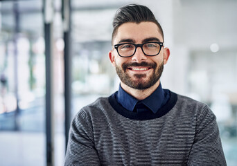 Glasses, startup and portrait of business man with company pride, confidence and smile. Creative...