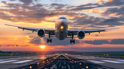 A large jetliner taking off from an airport runway at sunset or dawn with the landing gear down and the landing gear down, as the plane is about to take off