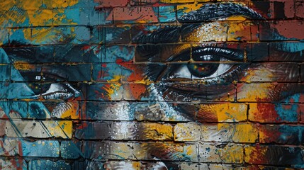 A colorful mural of a face with a large eye