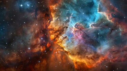 A colorful nebula with a bright orange and blue cloud