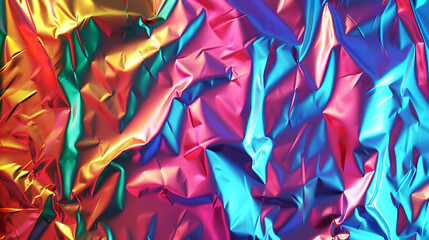 A colorful piece of fabric with a metallic sheen. The colors are bright and vibrant, creating a sense of energy and excitement. The texture of the fabric is rough and uneven