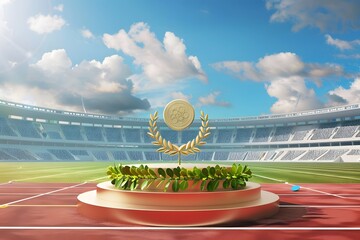 A podium with gold Olympic medal and laurel wreaths on open stadium