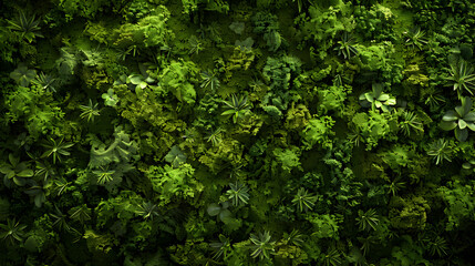 Obraz premium A lush green plant wall with many different types of plants. The plants are all green and appear to be thriving. Concept of growth and vitality, as well as a connection to nature