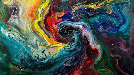 A colorful swirl of paint with a black spot in the middle
