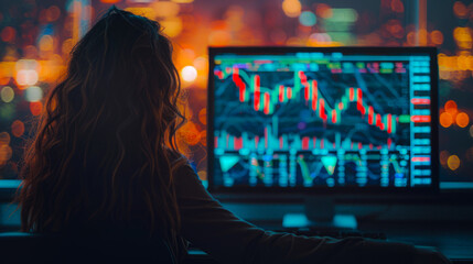 Obraz premium Concepto de alza de la bolsa de inversión en criptomonedas, mujer bella pendiente de la subida económica monetaria.