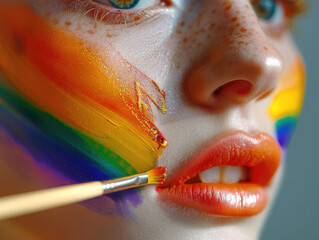 Gay maquillándose los labios y cara con colores de la bandera gay, Concepto de orgullo gay, homosexual, libertinaje, maquillaje, transexual, progresismo, modernidad.