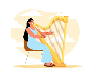 Woman playing at harp vector
