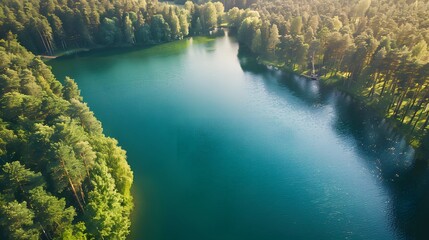 Aerial view of beautiful Balsys lake, one of six Green Lakes, located in Verkiai Regional Park. Birds eye view of scenic emerald lake surrounded by pine forests. Vilnius, Lithuania