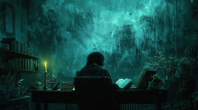 loneliness and contemplation, alone at a desk in a dim room, a person stares blankly at an open book, lost in thoughts of loneliness and seclusion