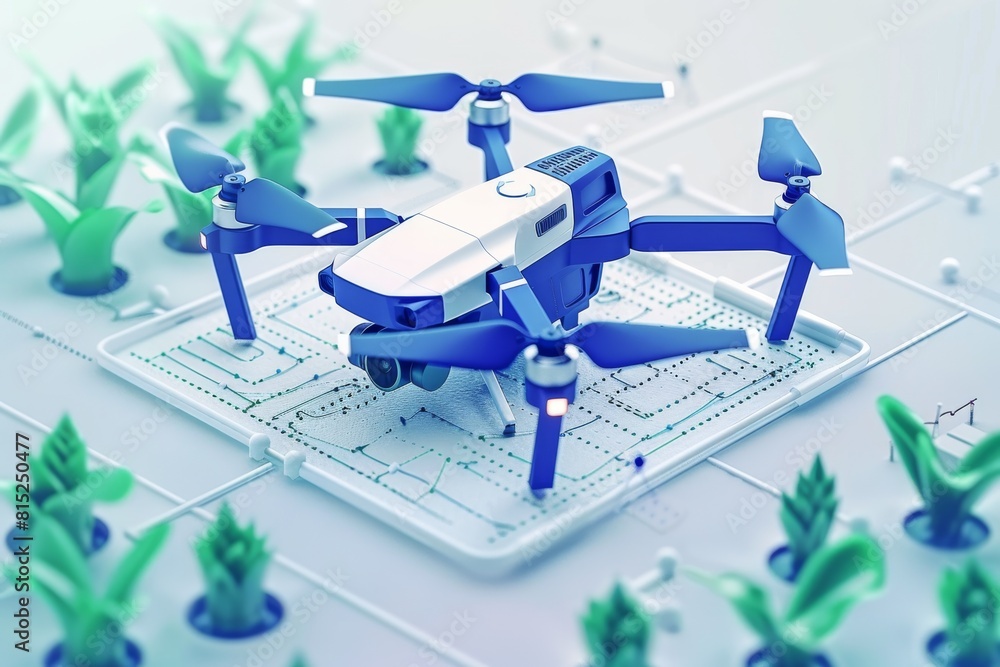 Poster drone views and isometric drones in agriculture manage fields with advanced technology, enhancing sm