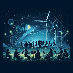 Obraz premium Renewable Energy Symphony Orchestra Performing Harmony on Starry Night Landscape