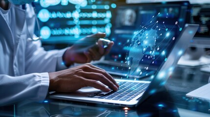 Doctor and modern virtual screen interface, Medical digital technology and healthcare concept