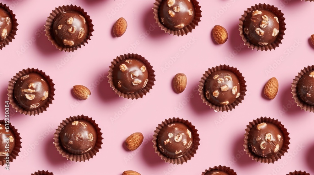 Poster a delightful pattern crafted from chocolate candies filled with nuts arranged on a pink background